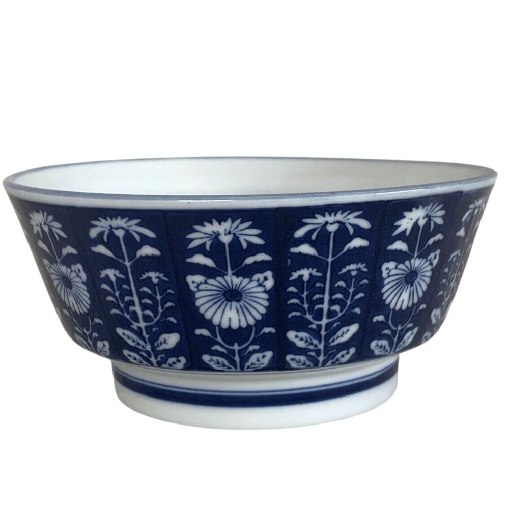 Chinese Asian Blue & White Rice Soup Bowl Flower Pattern Porcelain Signed Asian
